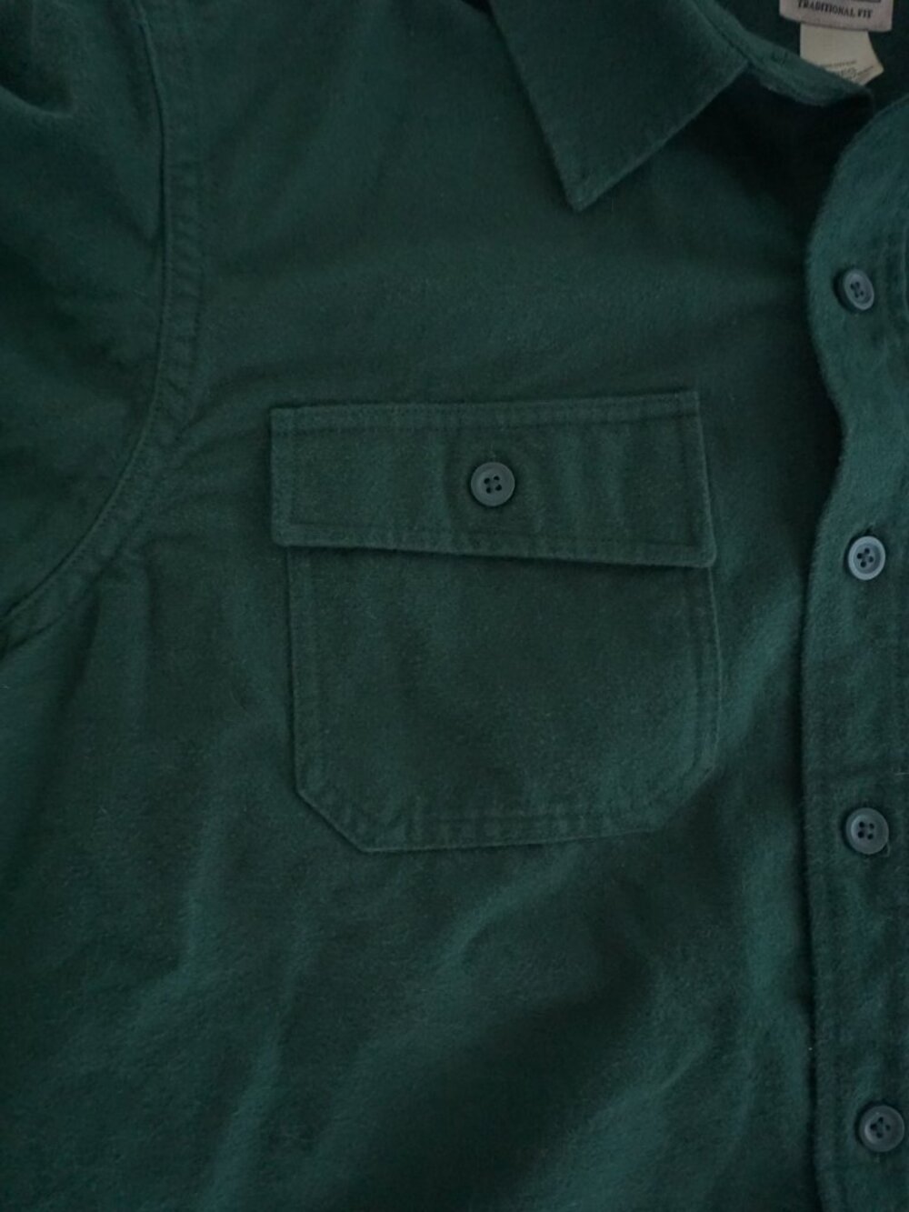 Vintage LL Bean Green Solid Button Front Flannel Shirt Traditional Workwear L - Picture 9 of 11